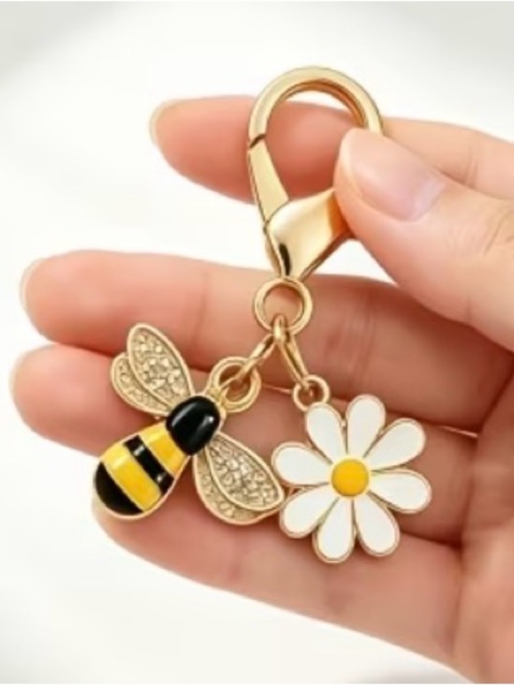 Small Gold Toned Bee & Daisy Enamel Keychain Charm